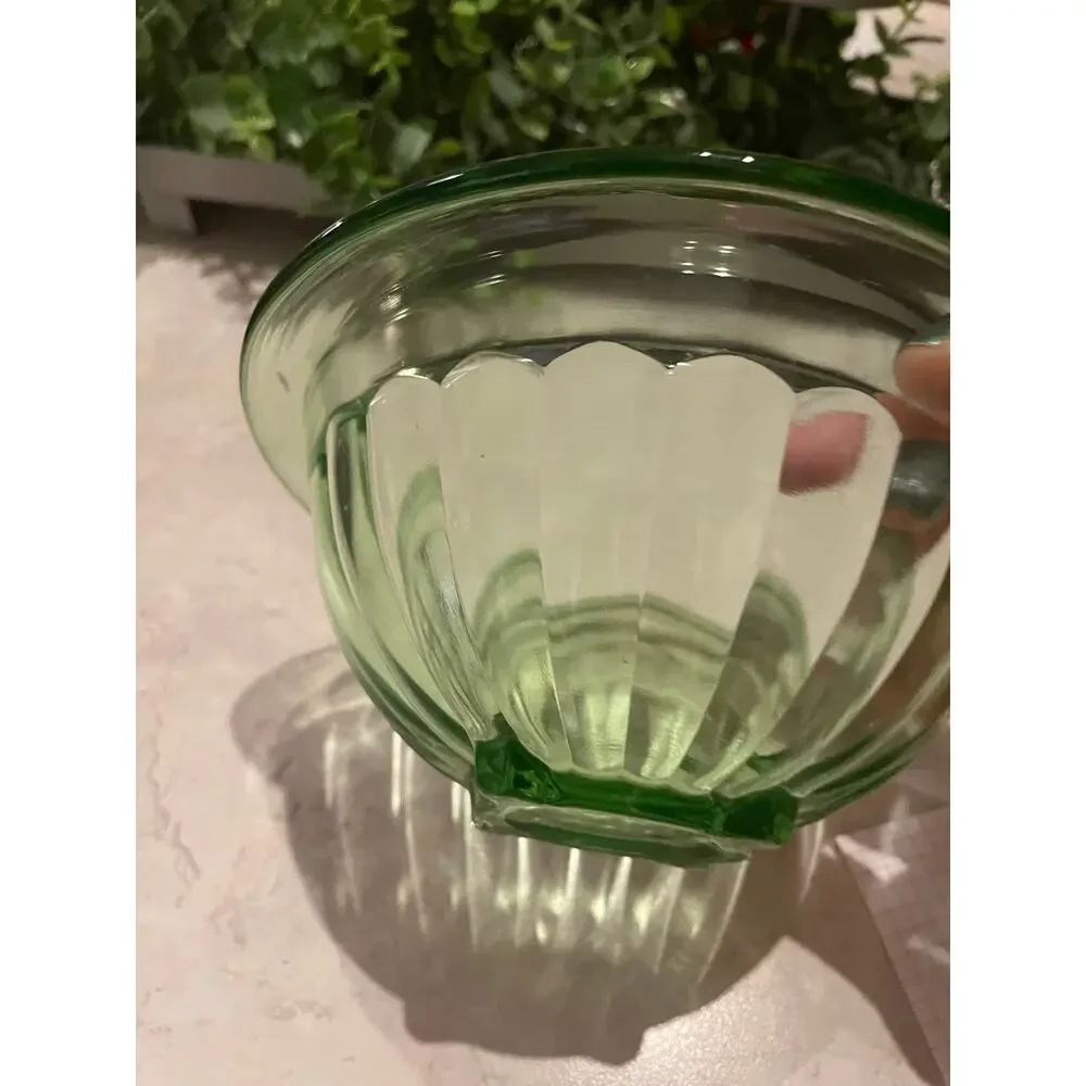 Vintage Hazel Atlas Ribbed Green Uranium Small bowl c1930 MCM 6.5x3” Glows